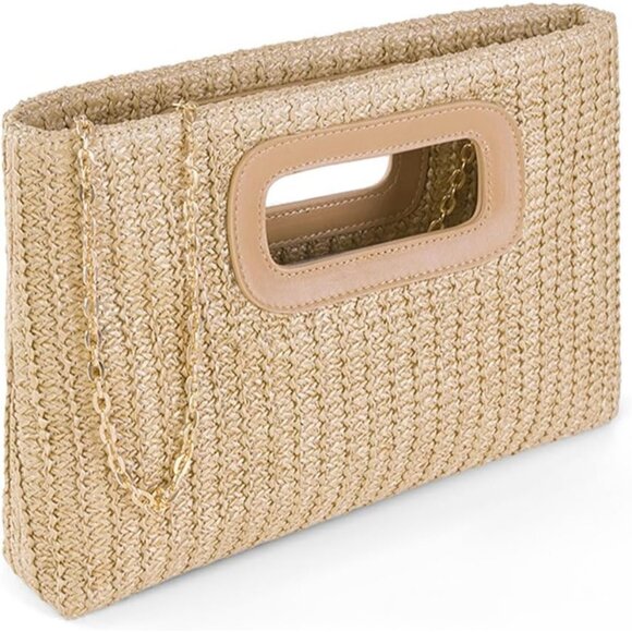 Khaki Straw Clutch Purse for Women Travel Beach Tote Woven Rattan Envelope Bag T - Picture 4 of 6